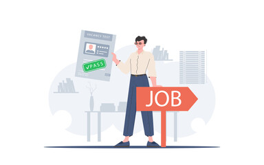 Job search concept. A man holds a passed test for a vacancy in his hands. Trend style, vector illustration.