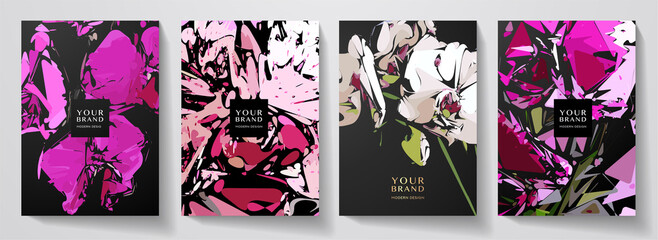 Fototapeta na wymiar Floral cover design set with abstract orchid flower on black background. Elegant vector pattern for luxury invitation, menu, botanical poster