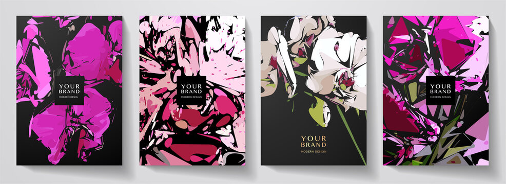 Floral cover design set with abstract orchid flower on black background. Elegant vector pattern for luxury invitation, menu, botanical poster