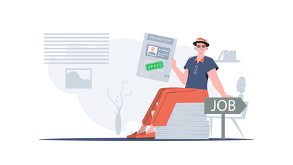 Job search concept. The guy holds in his hands the passed test for a vacancy. Vector illustration in a flat style.