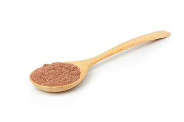 Chocolate powder in wooden spoon isolated on white background. Clipping path.