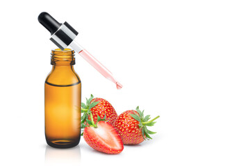 Strawberry essential oil isolated on white background.