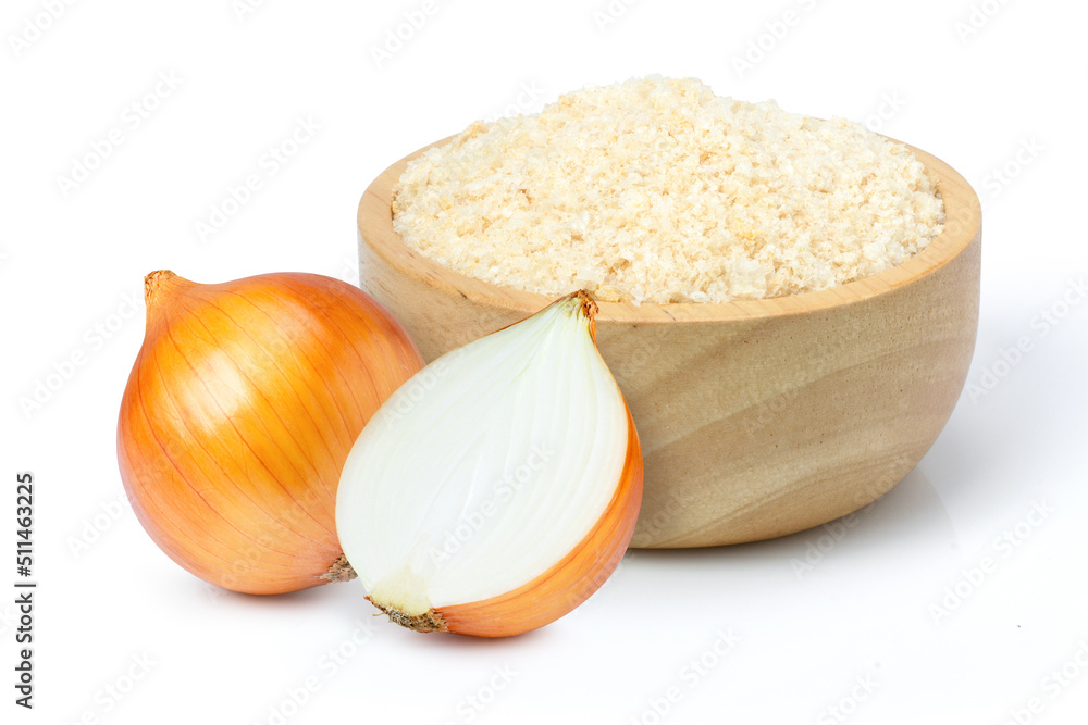 Wall mural Ground onion or onion powder in wooden bowl and fresh onion with half sliced isolated on white background. - Wall murals