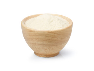 Whey protein powder in wooden bowl isolated on white background. Clipping path.