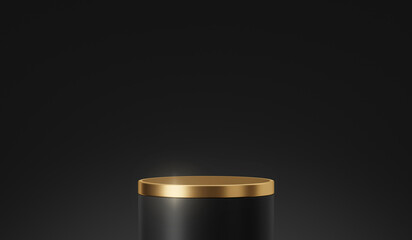 Empty black gold 3d podium stage background with geometric presentation platform luxury pedestal or golden product stand display and premium round cosmetic mockup advertising scene on dark backdrop. - obrazy, fototapety, plakaty