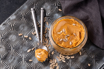 Sunflower butter or sunbutter. Hypoallergenic spread