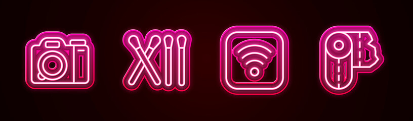 Set line Photo camera, Match stick, Wi-Fi wireless internet and Paper towel roll. Glowing neon icon. Vector