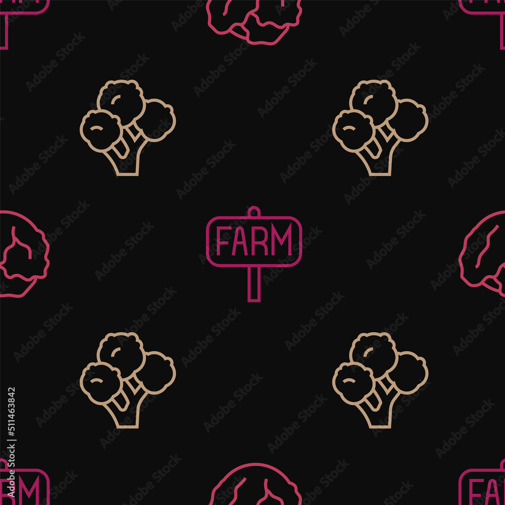 Poster set line cabbage, broccoli and location farm on seamless pattern. vector