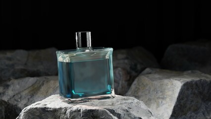 3D Render of Perfume Bottle placed on the Rocks