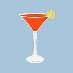 Cosmopolitan Cocktail in martini glass garnished with lime wheel. Summer aperitif drink minimalist square print. Alcoholic red beverage with lime slice isolated on background. Vector flat illustration
