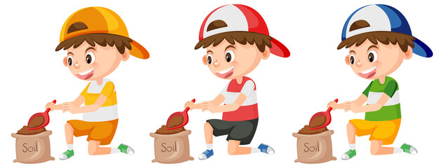 Set of boy digging soil