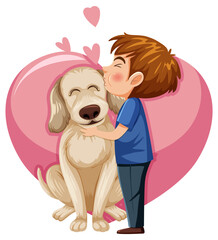 A boy playing with dog on heart background