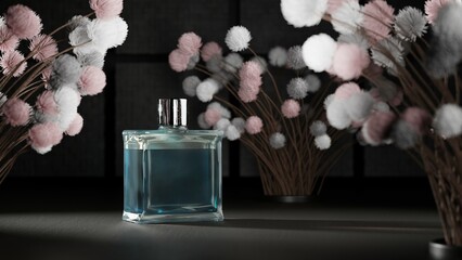 3D Rendered Perfume Bottle surrounded by Flowers, Modern Liquid Container can be used as a Mockup 