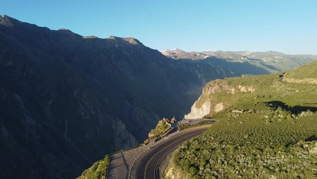 Colca Canyon, Peru: Aerial drone footage of the road along the famous Colca Canyon and the Cruz del Condor near Arequipa in in the Andes mountain in Peru in south America