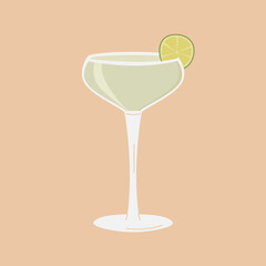 Daiquiri or Margarita Cocktail in martini glass garnished with lime slice. Summer aperitif. Minimal design for home decor or bar menu. Alcoholic beverage isolated on background. Vector illustration.