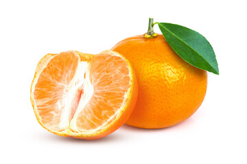 Tangerine or clementine orange fruit with green leaf and slices isolated on white background.