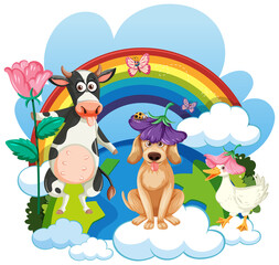 Animals on cloud with rainbow