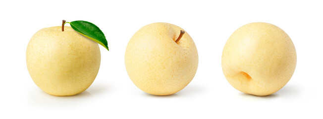  Chinese pear (Asian pear) with green leaf isolated on white background.