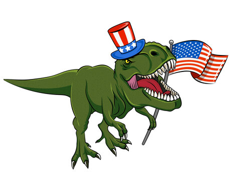 Happy 4th of July - T rex tyrannosaurus with American flag. Cute smiling happy dinosaur with Uncle Sam hat. Dino character in cartoon style. Happy Independence Day! Good for t-shirt, mug, gift. 