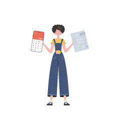 The girl is holding a calculator and a tax form in her hands. Isolated on white background. Vector illustration.