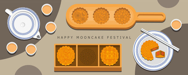 illustration vector of mooncake and teapot set on table top view