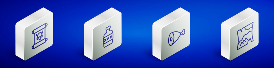 Set Isometric line Decree, parchment, scroll, Whiskey bottle, Chicken leg and Folded map icon. Vector
