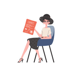 A woman sits in a chair and holds a contract in her hands. Isolated on white background. Vector illustration.