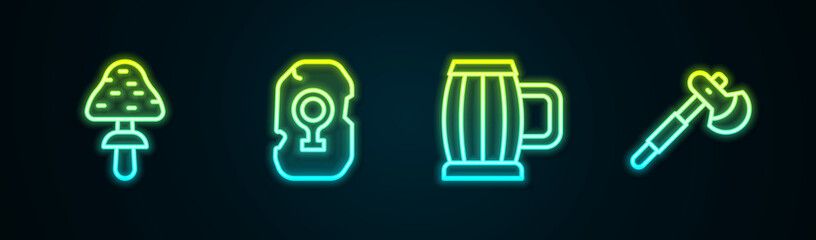 Set line Mushroom, Magic rune, Wooden beer mug and axe. Glowing neon icon. Vector