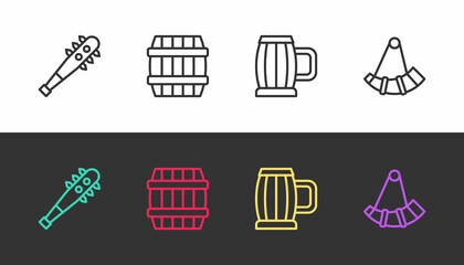 Set line Mace with spikes, Wooden barrel, beer mug and Hunting horn on black and white. Vector