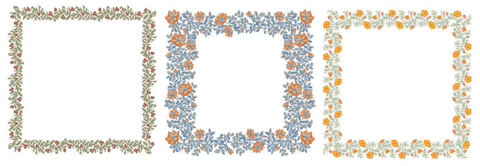 A set of three square decorative frames made of flowers and leaves. The concept of a wedding with flowers. Vector compositions for the design of greeting cards or invitations.