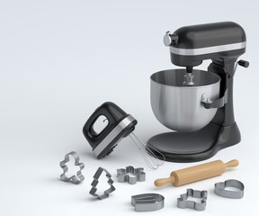 Mixer and hand mixer with kitchen utensil for preparation of dough on white