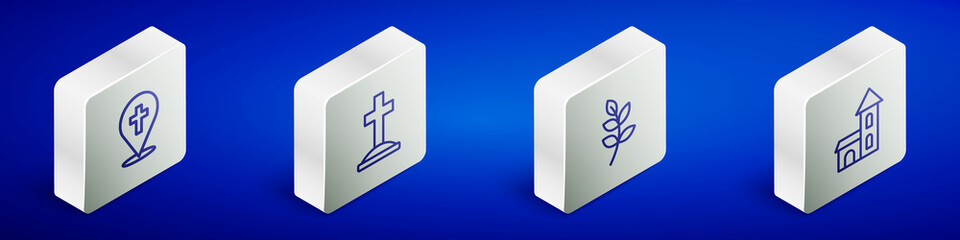 Set Isometric line Location church building, Grave with cross, Willow leaf and Church icon. Vector