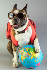Funny Boston terrier is ready to travel, he is with a backpack and a globe in his paws