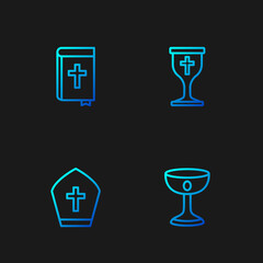 Set line Christian chalice, Pope hat, Holy bible book and . Gradient color icons. Vector
