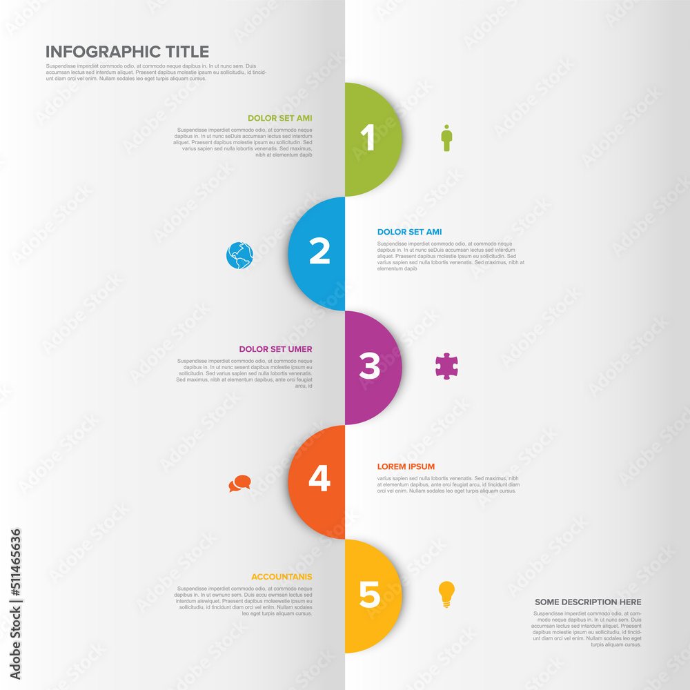 Poster five vertical circle steps elements template with icons
