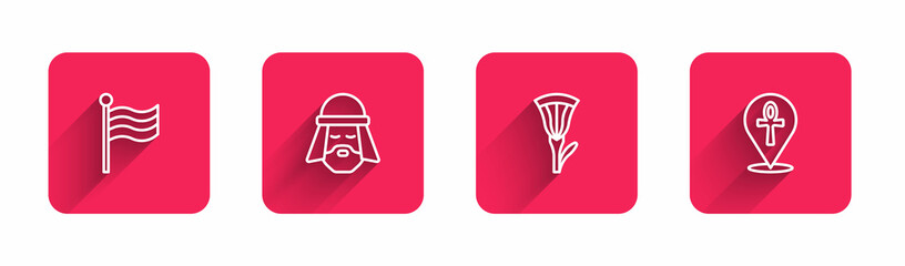 Set line Flag Of Egypt, Egyptian man, lotus and Cross ankh with long shadow. Red square button. Vector
