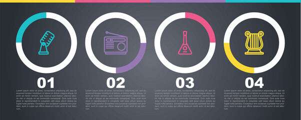 Set line Microphone, Radio, Balalaika and Ancient Greek lyre. Business infographic template. Vector