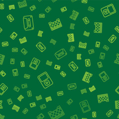 Set line Retro audio cassette tape, Music player and Guitar amplifier on seamless pattern. Vector