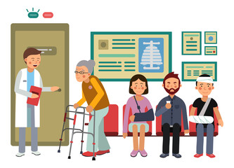 Medical xray room. Sitting people waiting in queue