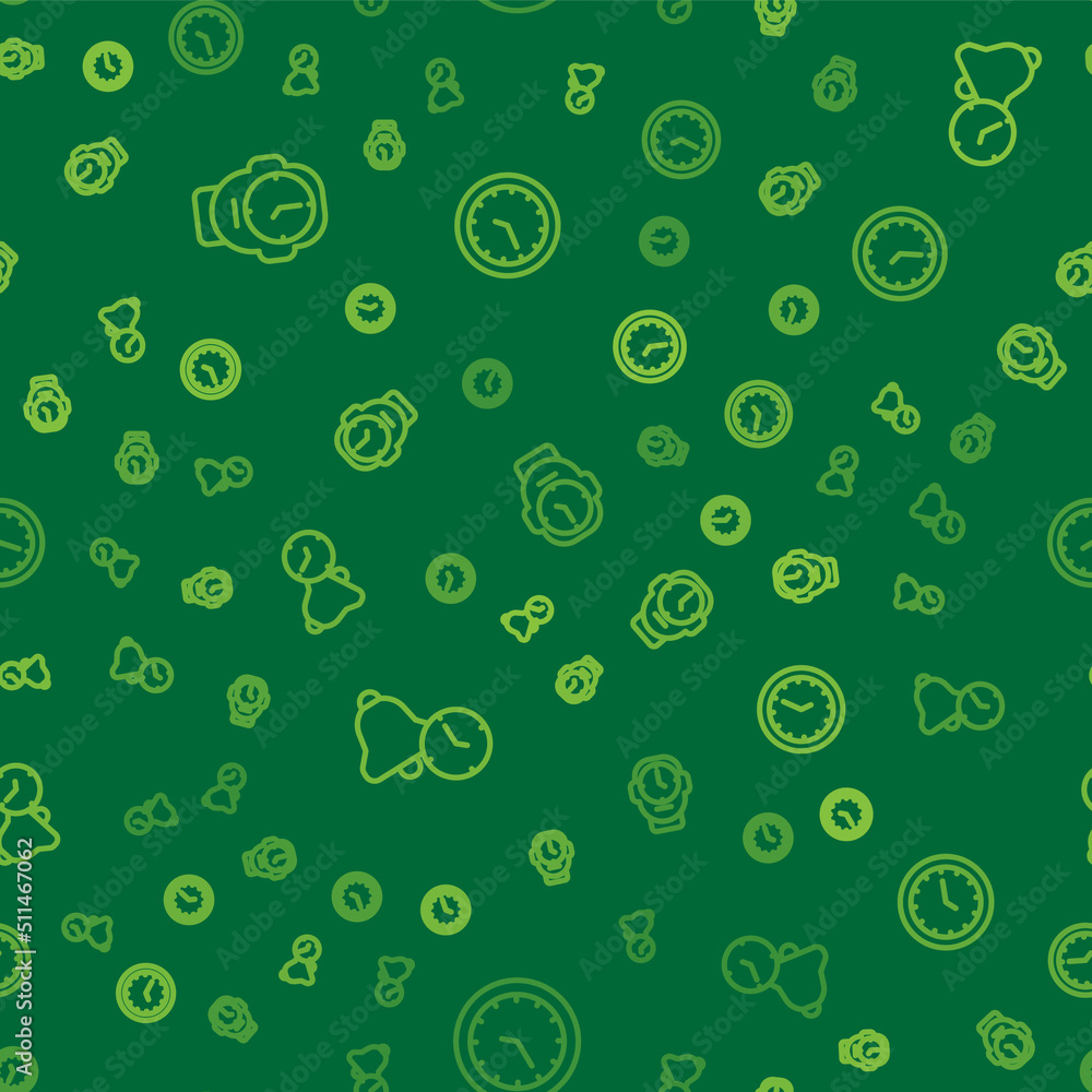 Poster set line clock, alarm clock and on seamless pattern. vector