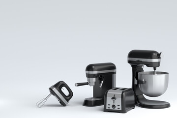 Espresso coffee machine, hand mixer, kettle and toaster on white background.