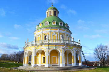 Fototapeta na wymiar The Church of the Nativity of the Virgin in the village of Podmoklovo was built in the style of Western European Baroque, Russia
