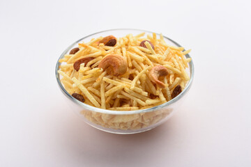 Indian style deep fried snacks falahari chivda, Chewda - chivda or mixture namkeen with dry fruits