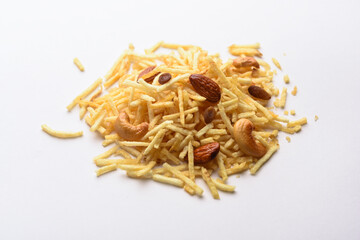 Indian style deep fried snacks falahari chivda, Chewda - chivda or mixture namkeen with dry fruits