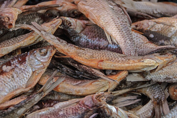 Smoked or dried smelt fish on a wooden Board