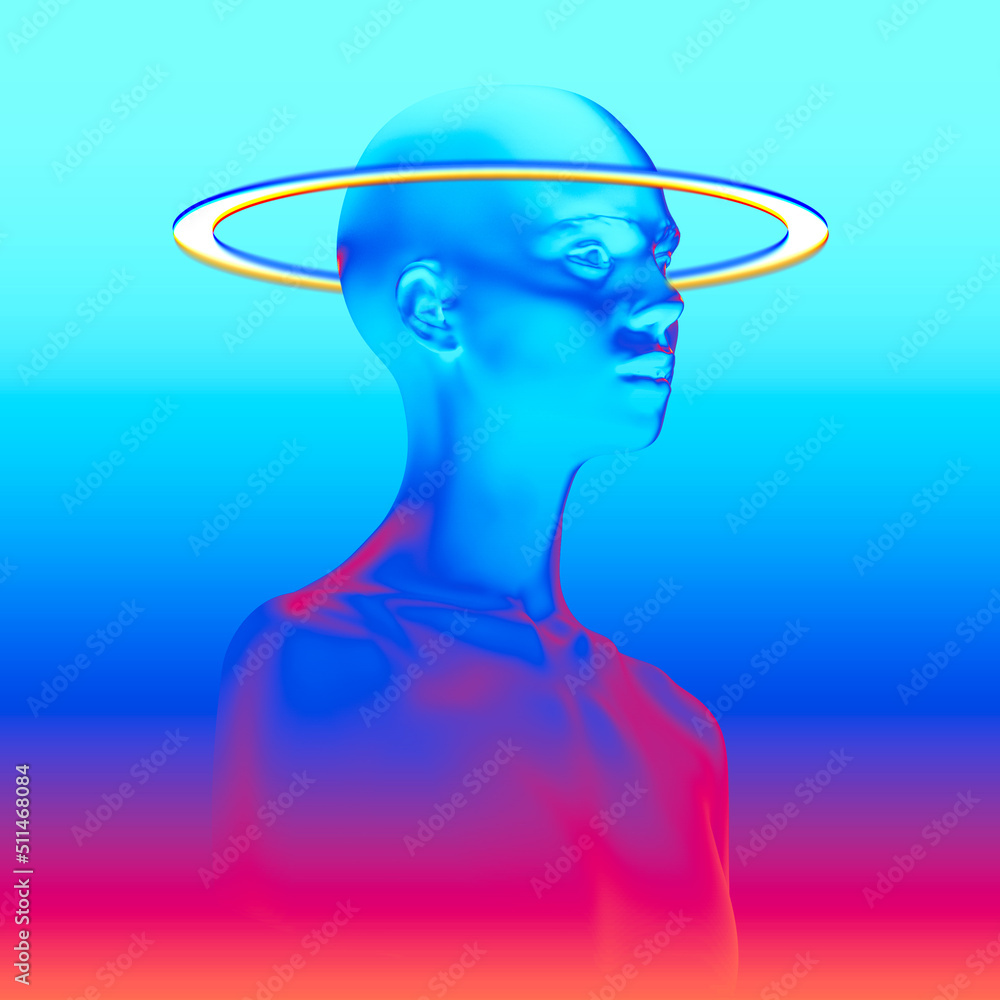Poster abstract illustration from 3d rendering of female bust figure with white halo light ring isolated on
