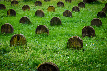 Un prato verde con tante piccole lapidi nel cimitero monumentale di Milano