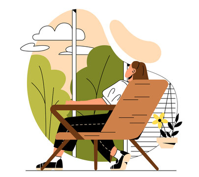 Basic human needs. Young girl sits in chair in nature. Rest, relax and recuperation, lazy character on summer or spring day. Hot weather concept, calm and balance. Cartoon flat vector illustration