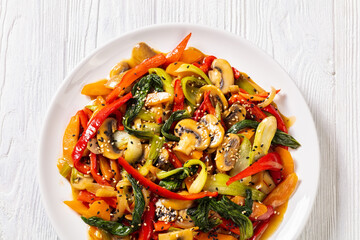 Stir Fry Vegetables on white plate, top view