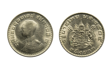 Ancient nickel coin one baht year 1962, Back and front of Thailand with clipping path isolated on white background.